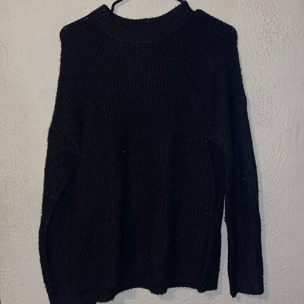 American Eagle Long Sleeve Oversized Crew Neck Basic Black Sweater for Women